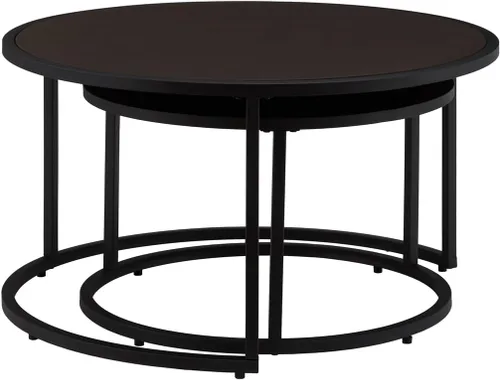 Vista 5 de 24KF Moderna mesa de centro redonda de piel sintética con base de metal negro, mesa de té decorativa para sala de estar, juego de 2, color marrón