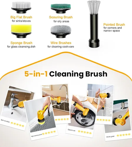 Vista 7 de qimedo Battery Electric Spin Scrubber Q4, Handheld Scrubber for Cleaning with Display, Power Dish Scrubber with 5 Heads, Shower Cordless Cleaning