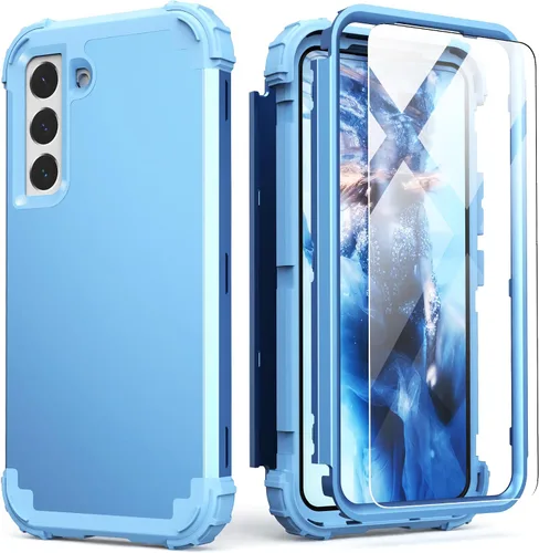 Vista 10 de IDweel Funda para Galaxy S22 con protector de pantalla de vidrio templado, híbrida 3 en 1 a prueba de golpes, resistente, cubierta de policarbonato