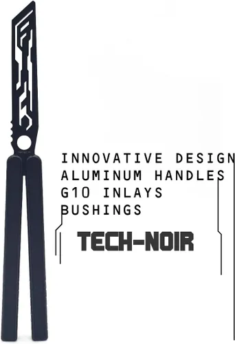 Vista 3 de Cuchillo de mariposa para práctica, cuenta con bujes, asas de aluminio 6061, incrustaciones G10, Tech-Noir hecho a medida (opaca)