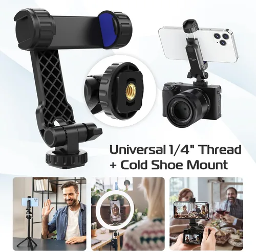 Vista 2 de Kaitezenz Soporte de trípode para teléfono celular, soporte universal para teléfono con 2 zapatos fríos, gira 360° inclina 180° para cámara, zapata