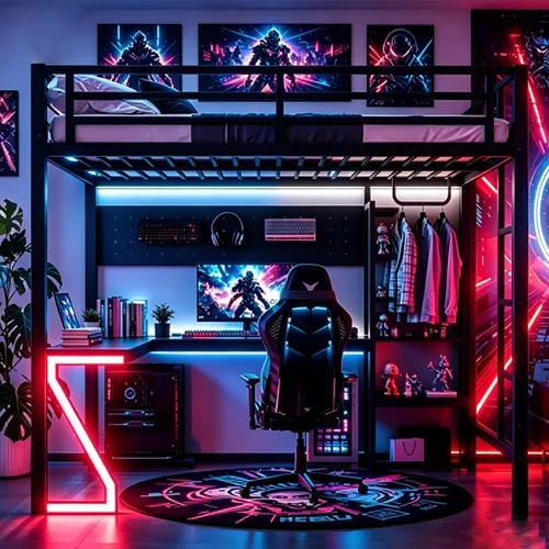 Vista 5 de Bellemave Cama loft para juegos de tamaño matrimonial con escritorio en forma de L, bandeja de computadora, tablero de clavijas y puertos USB, marco