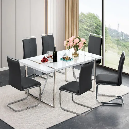 Vista 10 de Juego de mesa de comedor para 4, juego de mesa de cocina moderno con 4 patas de metal tapizadas, juego de mesa de comedor blanco para 4 personas