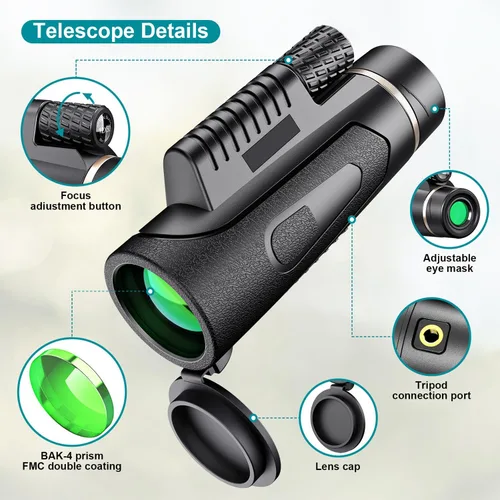 Vista 2 de Monocular Telescope for Smartphone,12X50 Hd Monoculars for Adults High Powered with Tripod for Bird Watching Camping Hunting,A