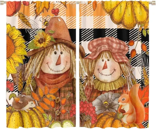 Vista 47 de Divertidas cortinas opacas de calabaza y espantapájaros para sala de estar, rústicas de otoño, hojas de arce, girasol, cosecha de otoño, puesta