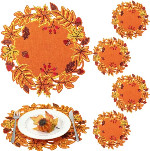 Vista 10 de Yingzhao Juego de 6 manteles individuales de Navidad con poinsettia bordados de doble capa con aplicación de flores rojas de Navidad para decoración