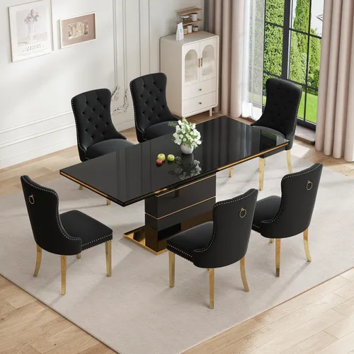 Vista 3 de Mesa de comedor moderna negra para 6 personas, mesa de cocina rectangular de 63 pulgadas con acabado lacado dorado y base de pedestal de acero