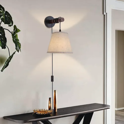 Vista 4 de Apliques de pared enchufables, lámpara de pared de cabecera con brazo de madera, luz de pared de tela con interruptor de encendido/apagado