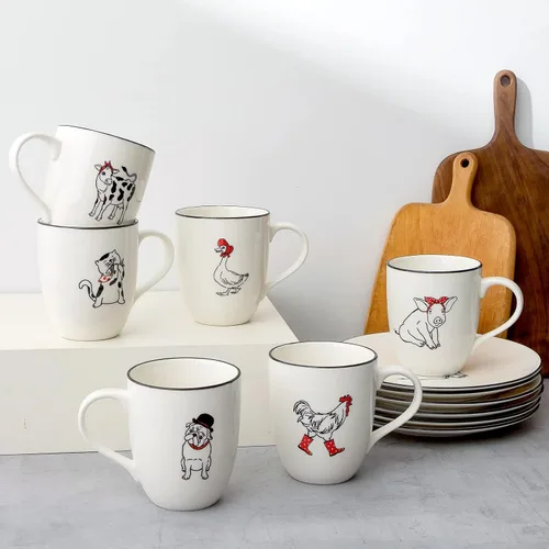 Vista 7 de LEHAHA Farmhouse - Juego de tazas de café de 16 onzas, tazas de cerámica grandes con asa, juego de 6, tazas de porcelana de Navidad para café, té