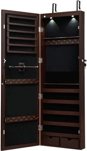 Vista 9 de Giantex Organizador de joyas montado en la paredpuerta con 2 luces LED, armario de joyería de altura ajustable con cerradura con espejo de longitud