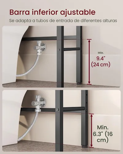 Vista 6 de VASAGLE - Almacenamiento de 3 niveles sobre el inodoro, estantes ajustables, canasta, 63 pulgadas de alto