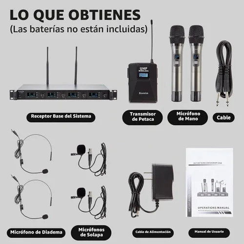 Vista 7 de Sistema de micrófono inalámbrico de 4 canales UHF, 2 micrófonos de mano inalámbricos y 2 micrófonos de diadema Lavalier para karaoke, iglesia