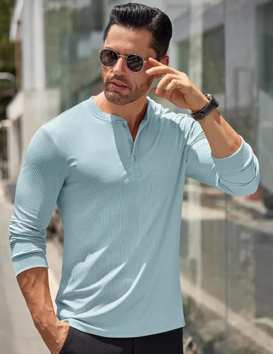 Vista 88 de COOFANDY Camisas Henley de manga larga para hombre, camisetas elásticas acanaladas, camisetas básicas casuales de moda