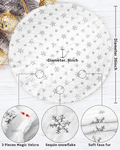 Vista 4 de COOLWUFAN Falda de árbol de Navidad de piel sintética de 36 pulgadas para árbol de Navidad, decoración de fiestas, copos de nieve de lentejuelas