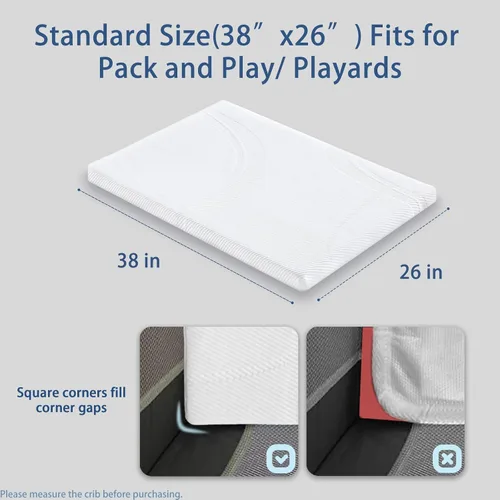 Vista 2 de Pack and Play - Colchón con correa, 1.25 pulgadas Fits L38xW26 playards. High-density foam, firm & soft. Breathable waterproof cover, zip-off