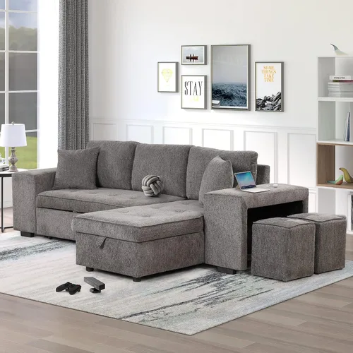 Vista 9 de Sofá cama modular de 104 pulgadas con diván de almacenamiento y taburetes para sala de estar, moderno sofá cama extraíble de 3 asientos