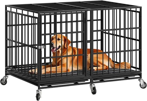Vista 11 de Snuowu Jaula para perros de alta resistencia de 42 pulgadas con ruedas, jaula indestructible a prueba de escapes para perros grandes, extragrande