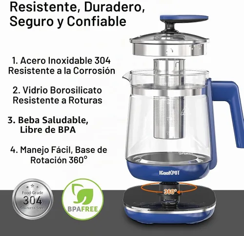 Vista 6 de Hervidor eléctrico, 1.5 L, vidrio borosilicato, hervidor de agua caliente eléctrico y tetera para café o té, sin BPA, apagado automático, acero Azul