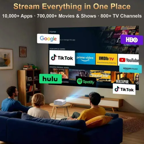 Vista 2 de Mini Proyector con WiFi y Bluetooth, Proyector Inteligente Compatible con 1080P con Aplicaciones Integradas, Proyector de Películas al Aire Libre