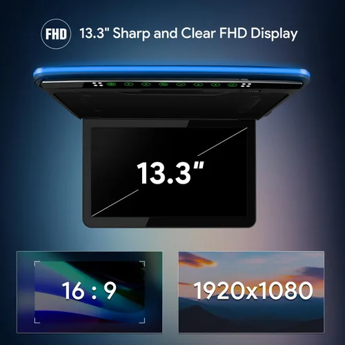 Vista 3 de XTRONS Reproductor de techo de coche de 13.3 pulgadas ultrafino 1920 * 1080 FHD pantalla montado en el techo del coche soporte HDMI, USB