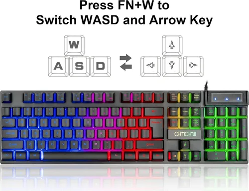 Vista 5 de Combo de teclado y mouse para juegos con cable LED con teclado de personajes emisores 4800DPI 2 botones laterales USB Mouse Rainbow Retroiluminado