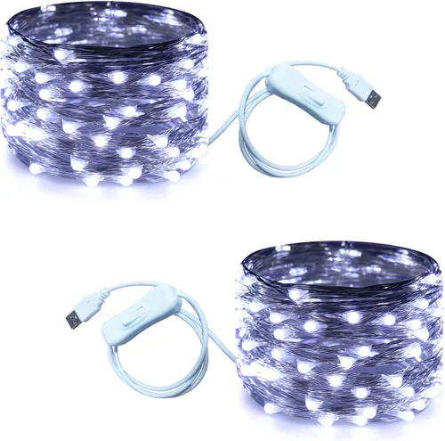 Vista 8 de RUICHEN Guirnalda de luces USB de 33 pies, 100 luces LED con interruptor de encendido/apagado (blanco cálido, paquete de 2)