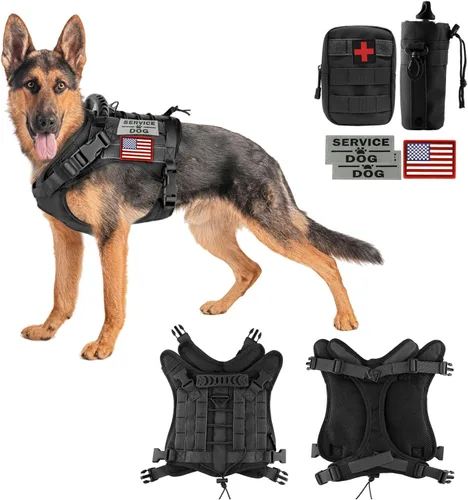 Vista 7 de Arnés táctico para perro con bolsas de entrenamiento militar K9 al aire libre, chaleco táctico desmontable para medicina y bolsas de agua, 3 parches