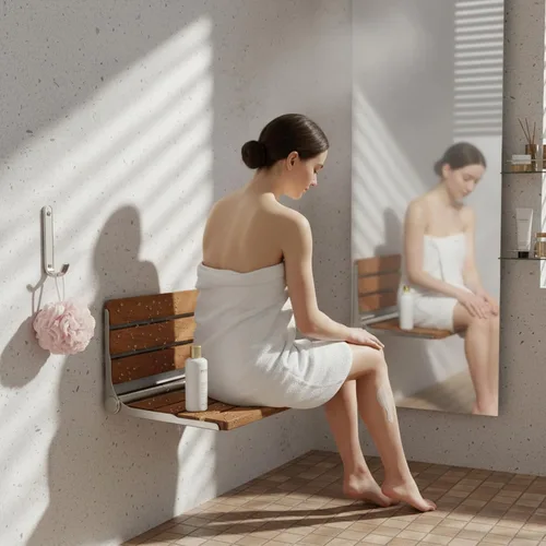 Vista 6 de Asiento de ducha plegable montado en la pared, banco de ducha plegable para espacios de ducha pequeños, carga máxima de 400 libras para ducha