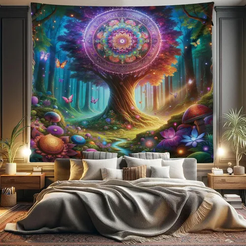 Vista 123 de Ambesonne Tapiz verde, fases lunares alrededor de un árbol de la vida, impresión de diseño bohemio de astrología nocturna, decoración de tela