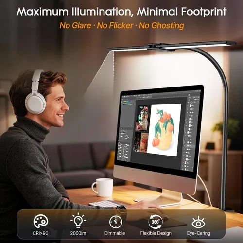 Vista 4 de Syrinx - Lámpara de escritorio LED para oficina en casa, lámpara de escritorio de arquitecto con abrazadera, control por gestos/cable, luz
