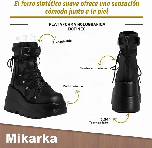 Vista 3 de mikarka Botas holográficas de plataforma para mujer, con cordones en el tobillo, con tachuelas y hebilla, góticas, de cuña apilada, botines