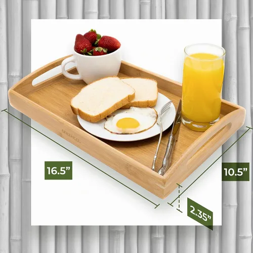 Vista 5 de Greenco Bandeja rectangular de bambú para servir mayordomo con asas, bandejas de cama para comer, bandeja de cama, bandeja de desayuno
