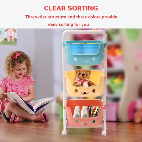 Vista 2 de Organizador de almacenamiento de juguetes para niños, carrito rodante de 3 niveles, decoración de sala de juegos para niños, estante de actividades