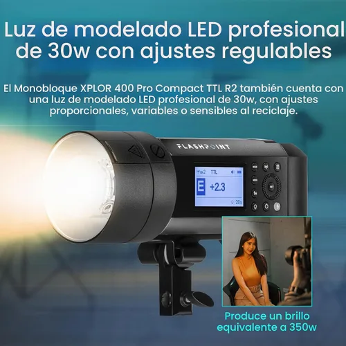 Vista 9 de Flashpoint XPLOR 400 PRO TTL - Luz estroboscópica HSS con batería de iones de litio con R2 integrado de 2.4 GHz, monolight inalámbrico Bowens Mount