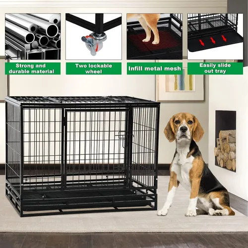 Vista 4 de Perrera para perros grande resistente con bandeja de plástico y ruedas, jaula XXL de 48 pulgadas para perros al aire libre con puertas dobles, cajas