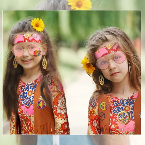 Vista 5 de 18 piezas de disfraz hippie de los años 60 y 70 para niños vestido hippie con chaleco signo de la paz diadema alfileres hippie tatuajes disfraz