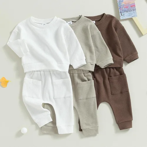 Vista 8 de Conjunto de sudadera de manga larga para bebé con diseño de gofre, ropa de invierno para niños y niñas