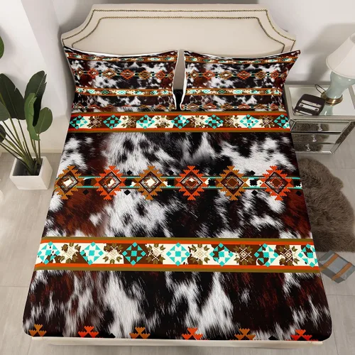 Vista 40 de Juego de ropa de cama de estilo bohemio occidental, tamaño individual, diseño de vaca atrapasueños, sábana bajera ajustable del suroeste, tribu