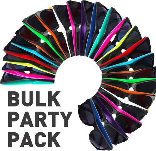 Vista 7 de Paquete de 48 lentes de sol de neón de 12 colores con lentes oscuros, estilo de los años 80 para recuerdos de fiesta, fiesta en la piscina a granel