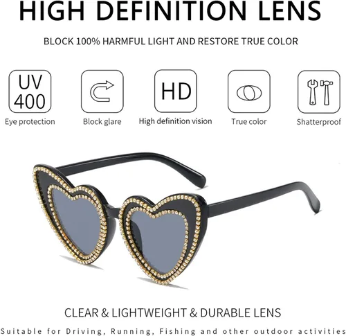 Vista 2 de Love - Lentes de sol en forma de corazón para mujer, lentes de amor de moda, retro, encantadores, lindos lentes de sol