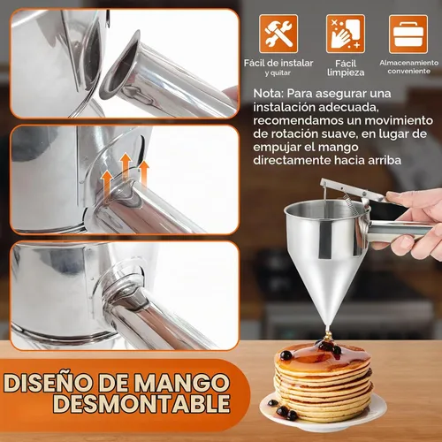 Vista 5 de Dispensador de masa de panqueques de acero inoxidable de 20.3 fl oz/20 onzas, dispensador de embudo de pistón con soporte mango desmontable