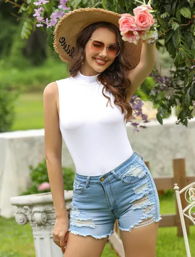 Vista 4 de HWOKEFEIYU Camiseta sin mangas de verano para mujer con cuello alto falso