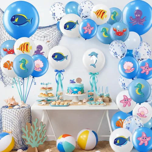 Vista 5 de Aoriher 50 globos de animales marinos para decoración de fiesta bajo el mar, fiesta de cumpleaños, globos de látex, tema oceánico para criaturas