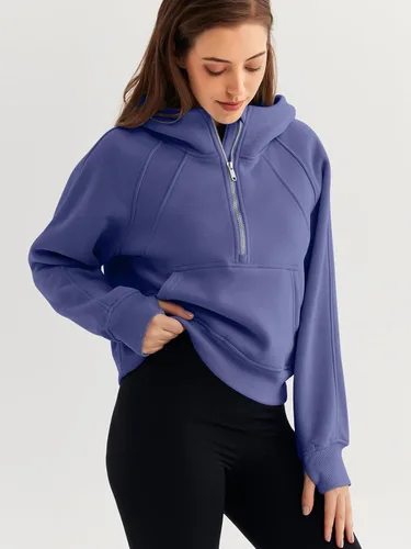 Vista 3 de WYNNQUE Sudadera corta con capucha para mujer, manga larga, forro polar, media cremallera, ropa de otoño