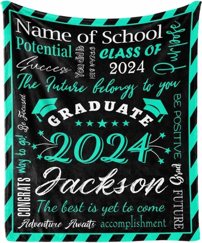 Vista 16 de Manta personalizada con nombre de graduados y escuela para un regalo único, manta personalizada de graduación de clase de 2024, manta suave, 30 x 40