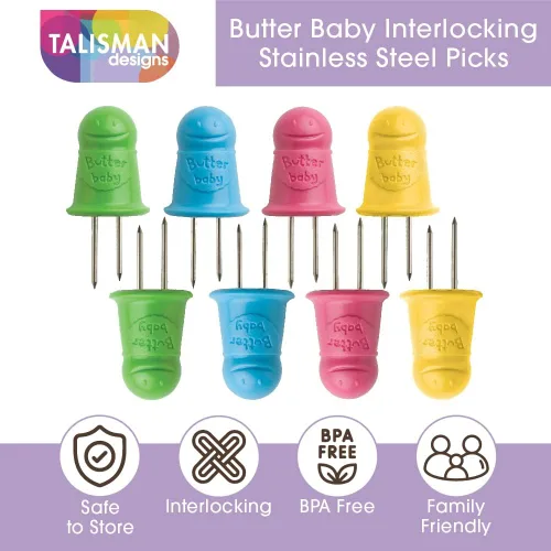 Vista 3 de Talisman Designs Butter Baby Púas de acero inoxidable entrelazadas Multicolor Maíz en la mazorca, utensilios Soportes para maíz Brochetas