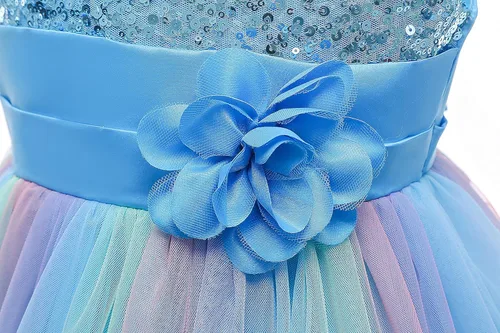 Vista 6 de Vestido de fiesta de lentejuelas para niñas de flores, vestido de fiesta de tul de tul de princesa, vestido de baile de graduación, Arco iris