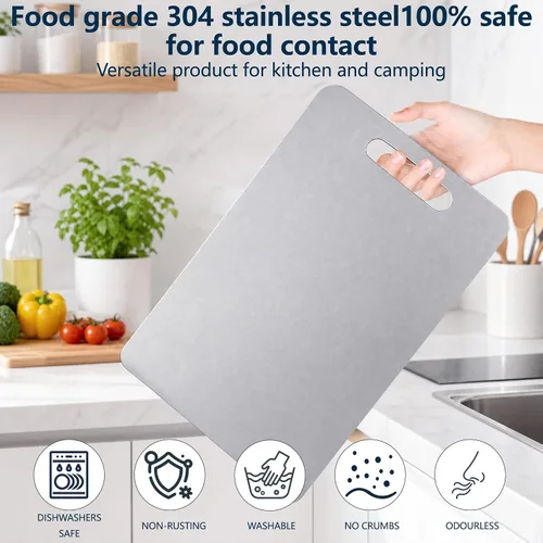 Vista 7 de Tabla de cortar, 3 piezas, tablas de cortar de acero inoxidable 304 de doble cara para cocina, aptas para lavavajillas, no tóxicas, tablas de cortar