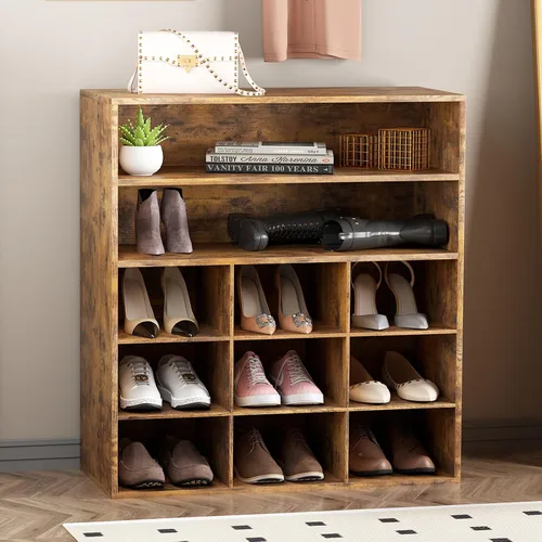 Vista 16 de Garden 4 you Banco de almacenamiento de zapatos, zapatero con 9 cubículos, organizador de zapatos de madera de 3 niveles, armario organizador
