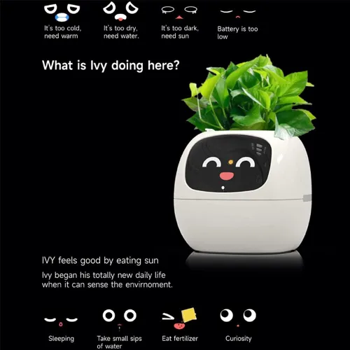 Vista 3 de Macetas inteligentes, maceta inteligente para mascotas, maceta AI, macetas inteligentes, múltiples expresiones, 7 sensores inteligentes y chips Ai